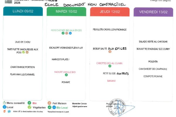 menu cantine du 9 au 13 février