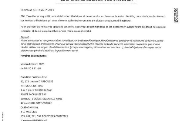 Coupure d’électricité vendredi 3 avril