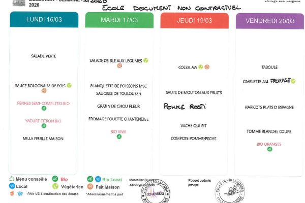 Les menus de la semaine prochaine à la cantine