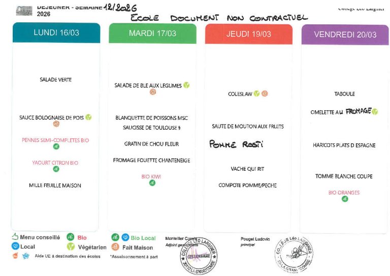 Les menus de la semaine prochaine à la cantine