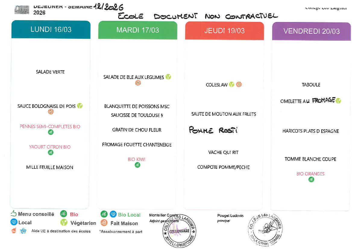 Les menus de la semaine prochaine à la cantine