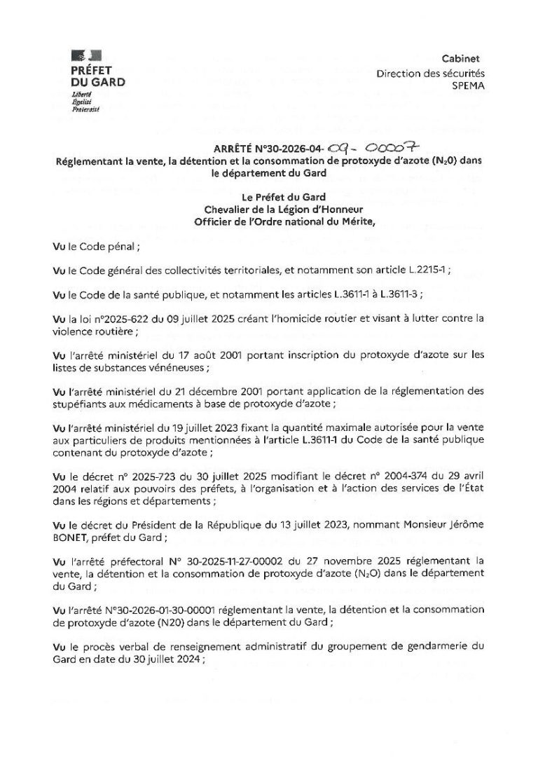 Arrêté préfectoral protoxyde d&rsquo;azote