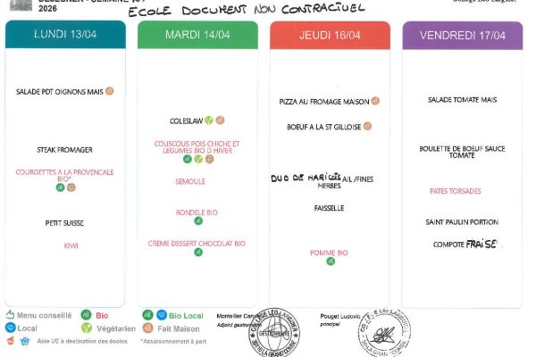 Menu école du 13 au 17 avril