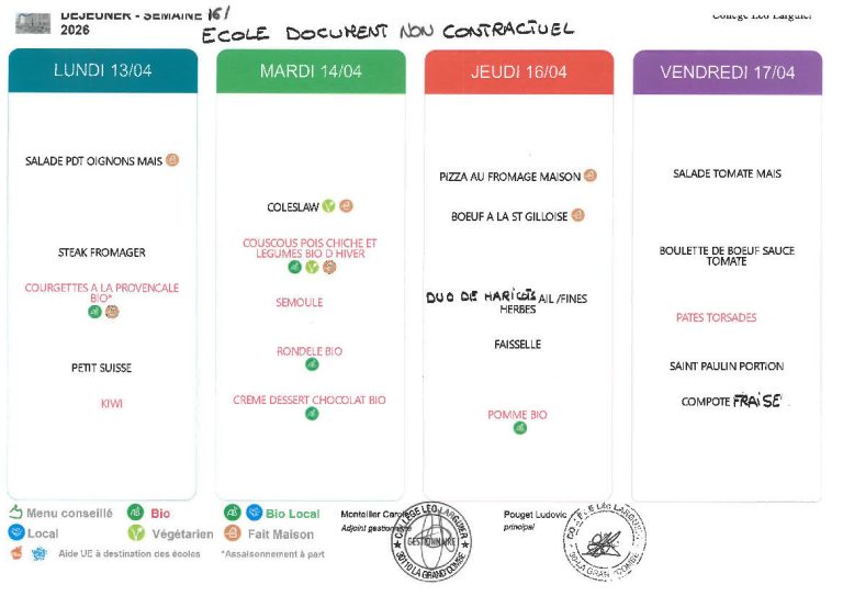 Menu école du 13 au 17 avril