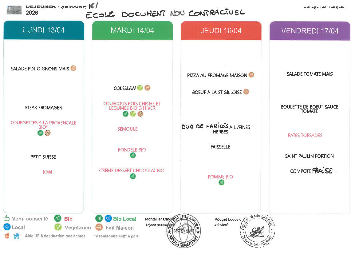 Menu école du 13 au 17 avril