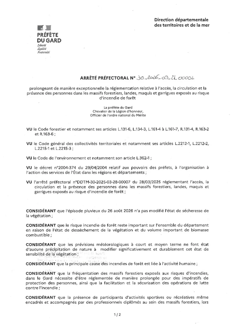 Prolongation d l&rsquo;interdiction d&rsquo;accès aux massifs forestiers