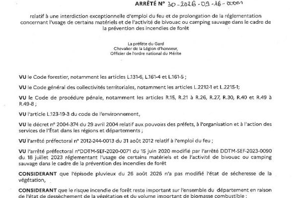 Prolongation de l&rsquo;interdiction d’emploi du feu